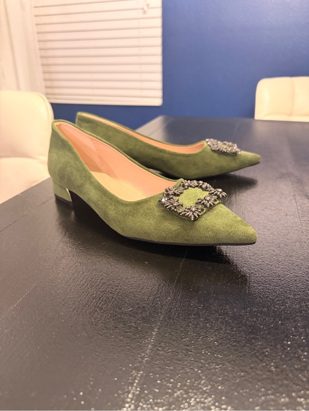 Green Suede Pointed Toe Flats with Crystal Buckle